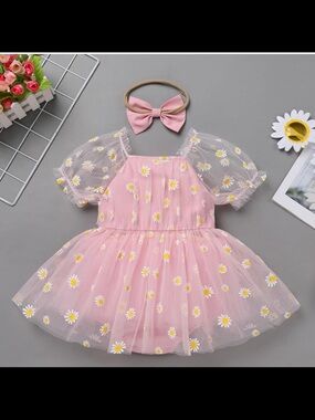 Pink Daisy Tulle Dress with Puff Sleeves and Matching Bow